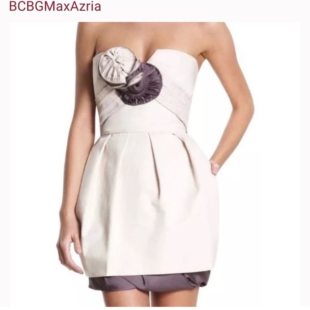 BCBGMaxAzria Strapless Dress in Cream and Purple